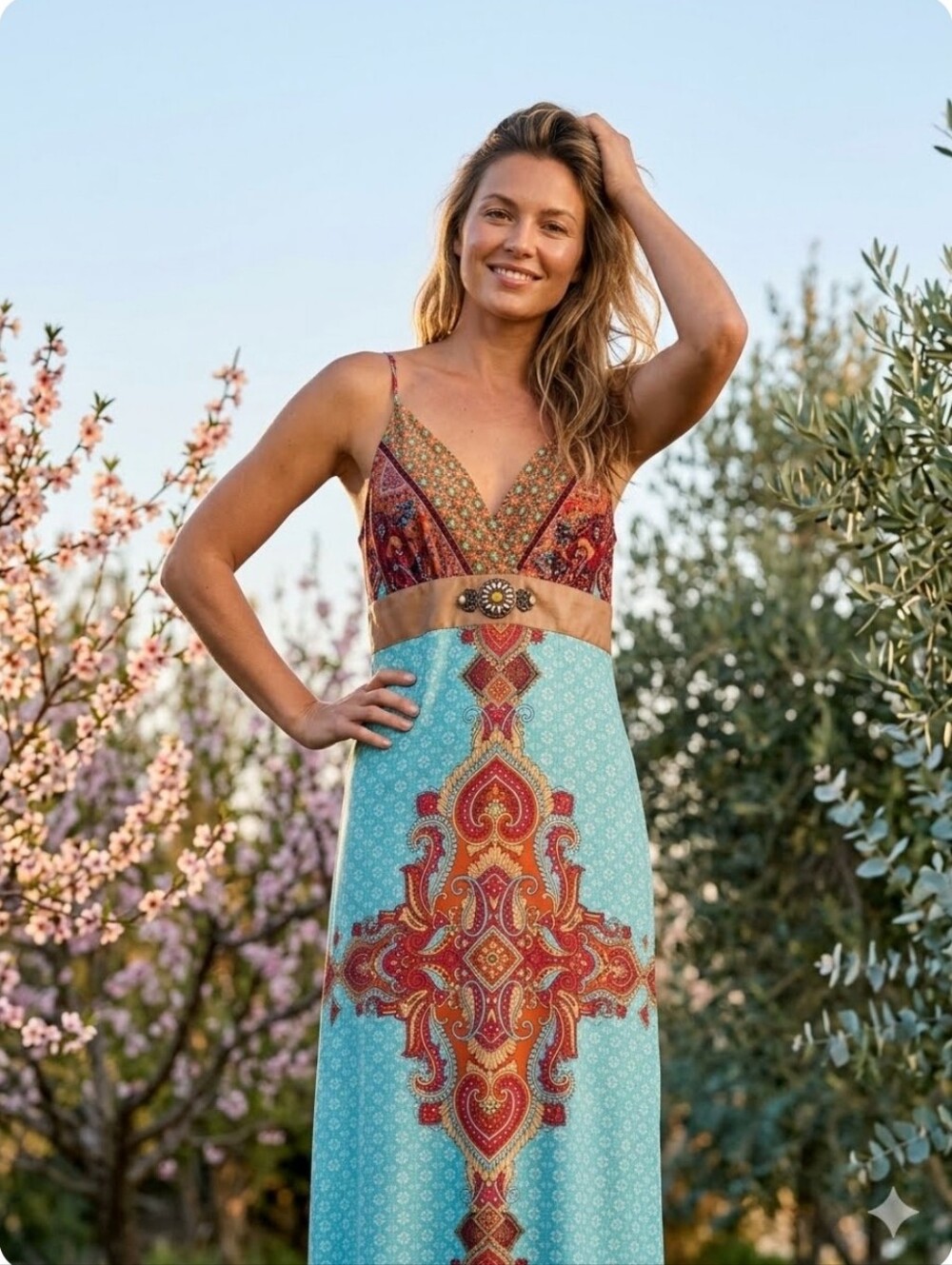 Boho Maxi Dress in Aqua and Rust